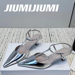 Sandals JIUMIJIUMI Handmade Women Shoes Leather Pointed Toes Kitten Heels Ankle Strap Shallow Slingbacks Concise Mules