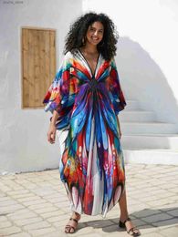 Basic Casual Dresses 2024 Colorful Printed Batwing Sleeve Hand-knit Dresses Loose Kaftan Women Summer Bohomian Vacation Beach Wear House Dress Q1634 L49