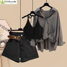 Women's Tracksuits Spring/Summer Set Western Style Slimming Sexy Tank Top Casual Shirt Age Reducing Denim Shorts Three Piece