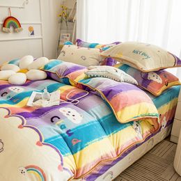 Rainbow Pattern Flannel Duvet Cover Winter Quilt Cover Pillowcase Girls Kids Bed Set Queen King Size Velvet Duvet Cover 220x240