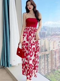 Casual Dresses Summer Beach Sexy Maxi For Women 2024 Red Flower Chest Wrap Backless Long Robe Femme Boho Holiday Vacation Party Vestido
