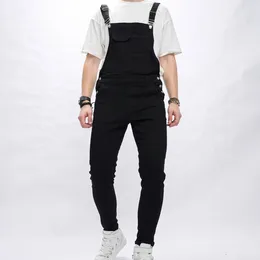 Men's Jeans Autumn Stylish Men Simple Solid Color Slim Bib Overalls Jumpsuits Streetwear Male Strap