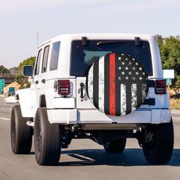 Patriotic Firefighter Thin Red Line Flag Spare Tire Cover Dust-Proof Wheel Tire Cover Fit Trailer, RV, SUV and Many Vehicle