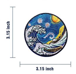 Ukiyoe Embroidery Magic Sticker Badge Kanagawa Oonami Morale Badge Embroidered Bag Sticker Sea Waves Starry Skies Armband