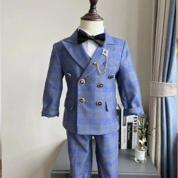 Trousers Children's Wedding Host Performance Party Dress Suit Set Autumn Winter Boys Plaid Blazer Vest Pants Clothes Kids Formal Costume