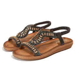 Women Summer Boho Flat Sandals Open Toe Rhinestone Shoes Comfortable Elastic Band Sandals Roman Sandals Zapatos Para Mujeres
