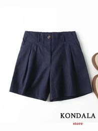 KONDALA Chic Solid Navy Blue Casual Basic All Match Women Shorts Folds Fashion Summer Vintage Loose Wide Leg 240411