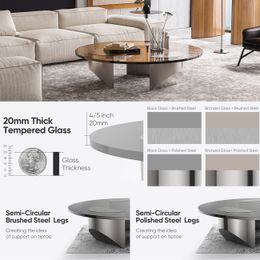 Round Glass Coffee Table Wedge Coffee Table Modern Tempered Glass Table with Brushed Steel Legs for Living Room Home Office