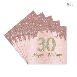 8Guests Pink Rose Gold Disposable Tableware Cheer 30 Year Old Parti Plates Cups Queen Women Happy 30th Birthday Party Supplies