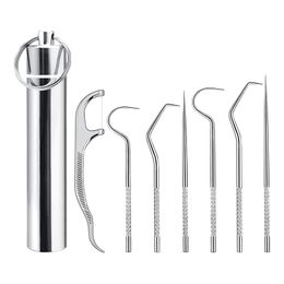 7Pcs Stainless Steel Toothpicks Set Reusable Protable Metal Toothpicks with Holder Dispenser, Tooth Cleaning Kit for Outdoor Picnic Camping Traveling