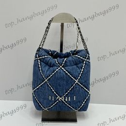24P Denim Blue Classic 22 Mini Shopper Shoulder Handbags With Coin Charm Silver Chain Bags Diamond Lattice Quilted Large Capacity Purse 20cm