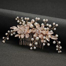 Wedding Floral Side Comb Hairpin For Women Metal Luxury Hair Comb Fork Charm Bridal Crown Pearl Hair Jewellery Party Headwear