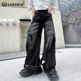 Men's Jeans LUZHEN 2024 Fashion Metal Decorate Splicing Design High Street Belt Original Loose Straight Trendy LZ1472