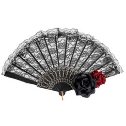 Lolita Lace Feather Folding Fan Retro European Style Dark Gothic Court Dance Hand Fan Wedding Halloween Party Accessories