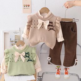 Clothing Sets Girls Clothes Spring Autumn 2024 Children Woolen Jersey Vest Shirts Pants 3pcs Cute Suit For Baby Costume Kids Outfits 4 5Y