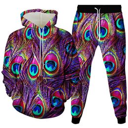 Autumn Winter New Colourful Animal Peacock Feather Costume Homme 2 Pieces Clothes For Men Sweatpants Hoodies Sets Oversized S-6XL