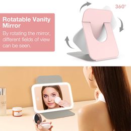 Travel Makeup Mirror With LED Light Rechargeable Vanity Mirror Desk Folding Cosmetic Mirror 3 Color LED Mirror Light For Makeup