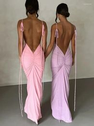 Casual Dresses Sleeveless Bodycon Night Club Party Sexy Evening Dress Spaghetti Strap Backless Ruched Maxi Women 2024