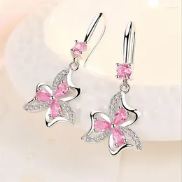 Dangle Earrings Shiny Crystal Pink Flower Hangle For Women Jewellery Charm 925 Silver Earring Female Party Accessories Princess