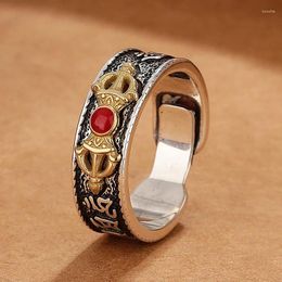Cluster Rings Retro Six-Character Great Bright Mantra Pestle Ring Male Amulet Finger Accessories Ethnic Style 925 Silver For Men Jewelry