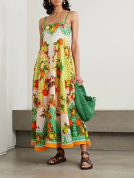 Designer Dress 24 New Linen Beer Pear Print Beach Resort Long Dress