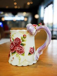 Mugs Fangya Ceramic Tender Rose Girl Mug Exquisite Hand-painted Bow Milk Glass.