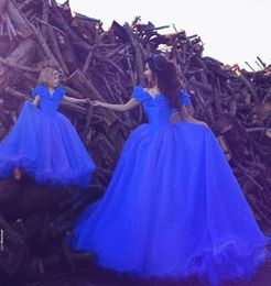 Cheap Lovely Royal Blue Princess Little Girls Pageant Dresses Beads Pearls Off Shoulder Cap Sleeves Floor Length Flower Girls Dres7582364