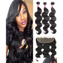 Human Hair Wefts With Closure Wet And Wavy Brazilian Body Wave Bundles Frontal 13X4 Lace Remy Weave Top Extensions Drop Delivery Produ Otlnf