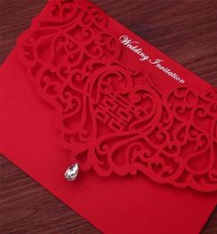 Vintage Chinese Style Hollow Out Wedding Invitations Creative Brides Couples Cards Red Cover Foil Stamping Chic Bridal Card9807361