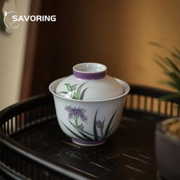 125ml Hand-painted Orchid Ceramic Covered Bowl Chinese Tea Brewing Gaiwan Small Tea Bowl with Lid Tea Tray Saucer Kung Fu Teaset