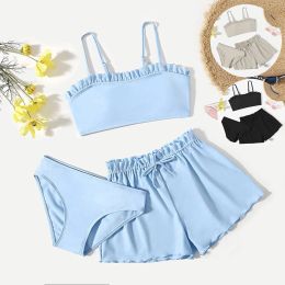 3pcs/set Kids Child Solid Blue Black Bikini Tops Underpants Ruffles Skirt Girls Swimsuits Bathing Suit Swimwear For Teens Small
