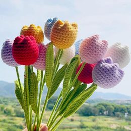 Decorative Flowers Knitted Flower Rose Tulips Fake Bouquet Wedding Party Decoration Hand Knitting Crochet Woven Creative