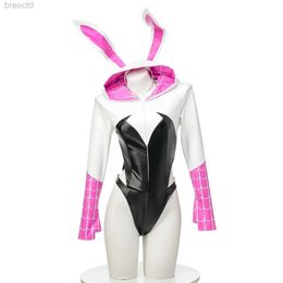 Anime Costumes Anime Gwen Bunny Girl Cosplay Costume Women Sexy Backless Leather Bodysuit Rabbit Ears Uniform Halloween Carnival Party Clothes 240411
