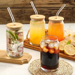 4Pcs Reusable Straw Cup 12/16oz Drinking Straws Cup with Bamboo Lids Set for Beer Can Shaped Glasses Coffee Soda Juice Glasses