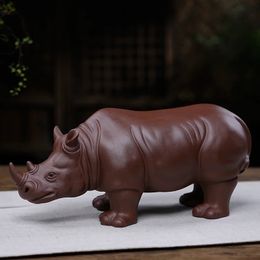 Yixing Superior Purple Clay Rhinoceros Tea Pet Handmade Statue Ceremony Sculpture Car Decoration Symbolising Happiness 240411