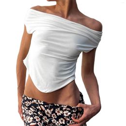 Women's T Shirts Women Backless Solid Slim Fit T-shirt Sexy Summer Off-shoulder Tops Pleated Clubwear