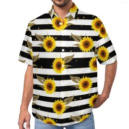 Men's Casual Shirts Sunflower Print Blouses Men Black And White Stripes Hawaiian Short-Sleeve Pattern Vintage Oversized Vacation Shirt