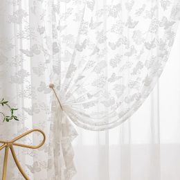 Japanese White Butterfly Lace Sheer Curtain Modern Romantic Jacquard Embroidered Tulle For Living room Kitchen Window Treatment