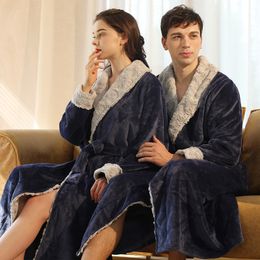Women Winter Extra Long Warm Flannel Bathrobe Plus Size Thick Coral Fleece Bath Robe Lovers Dressing Gown Hooded Men Sleepwear