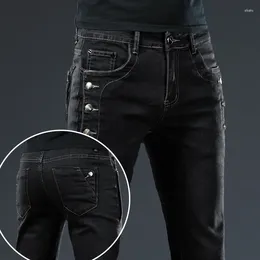 Men's Jeans Men Slim Button Black Skinny Solid Color Stretch Skateboard Multi-button Youth Male Denim Pants