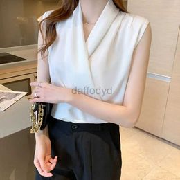 Women's Blouses Shirts Wrap V-Neck Sleeveless Slim Fit Women Top Solid Colour Satin Blouse Office Shirt Female Clothing Summer Slim Pullover Tee Top 240411