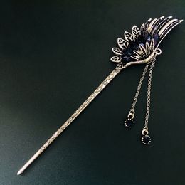 Phoenix Plume Tassel Hair Sticks Hairpin For Women Metal Crystal Hair Chopstick Vintage Feather Shaped Hair Bun Clasp Jewellery