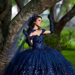 Navy Blue Glitter Off The Shoulder Ball Gown Quinceanera Dresses Sweet 16 Princess Applique Lace Beads Prom Gowns Vestidos De 15 Anos