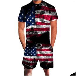 Mens Tracksuits Independence Printing Jogging Clothing Summer Sets Leisure Sports 3D American Day Flag Fitness Two-Piece Suit Male Dro Otsam