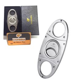 Fashion High-Grade Portable Silver Stainless Steel Cigar Cutter Guillotine Double Cut Blade in Black Gift Box Smoke Knife7546086