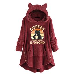 Women's Long Sleeve Tea Coffee Cat Printed Sweatshirt Pullover Hoodie Fleece Cute Shirt Loose Long Hoodie Raiders Hoodie Women