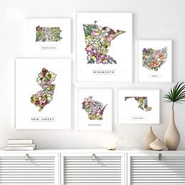 USA Art Prints Flowers State Canavs Painting TEXAS NORTH CAROLINA OHIO Floral Map Poster Wall Art Housewarming Gift Home Decor