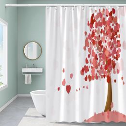 Valentine's Day Decor Shower Curtain Pink Balloons Red Roses Flower Hanging Full Hearts of Tree Printed Fabric Bathroom Curtain