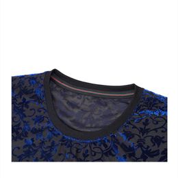 Men See Through Sexy Sheer T Shirts Royal Blue Floral Embroidery Transparent Tshirt Mens Short Sleeve Round Neck Party Top 5XL