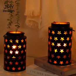2 Pack Star Hollow Table Lamp Solar Table Lantern Metal Candle Holder with Handle for Patio Garden Yard Landscape Park Lawn